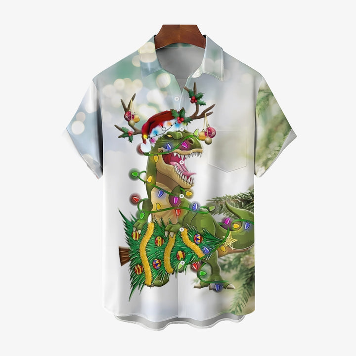 Christmas Tyrannosaurus Rex Print Casual Short Sleeve Shirt 2408009544