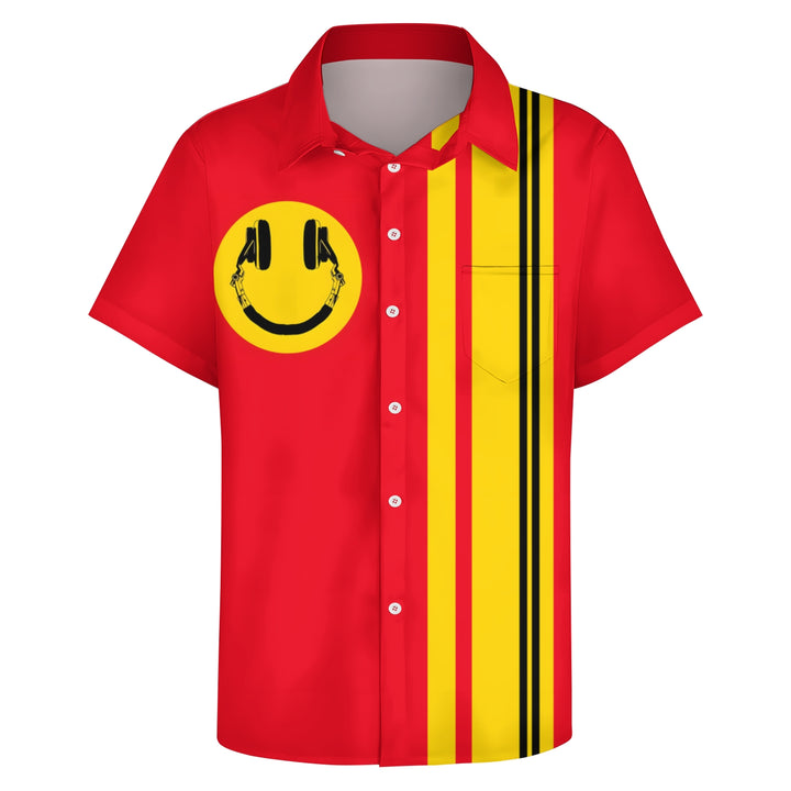 Funny Smiling Headphone Bowling Shirt Plus Size Casual Short Sleeve Shirt 2404000641