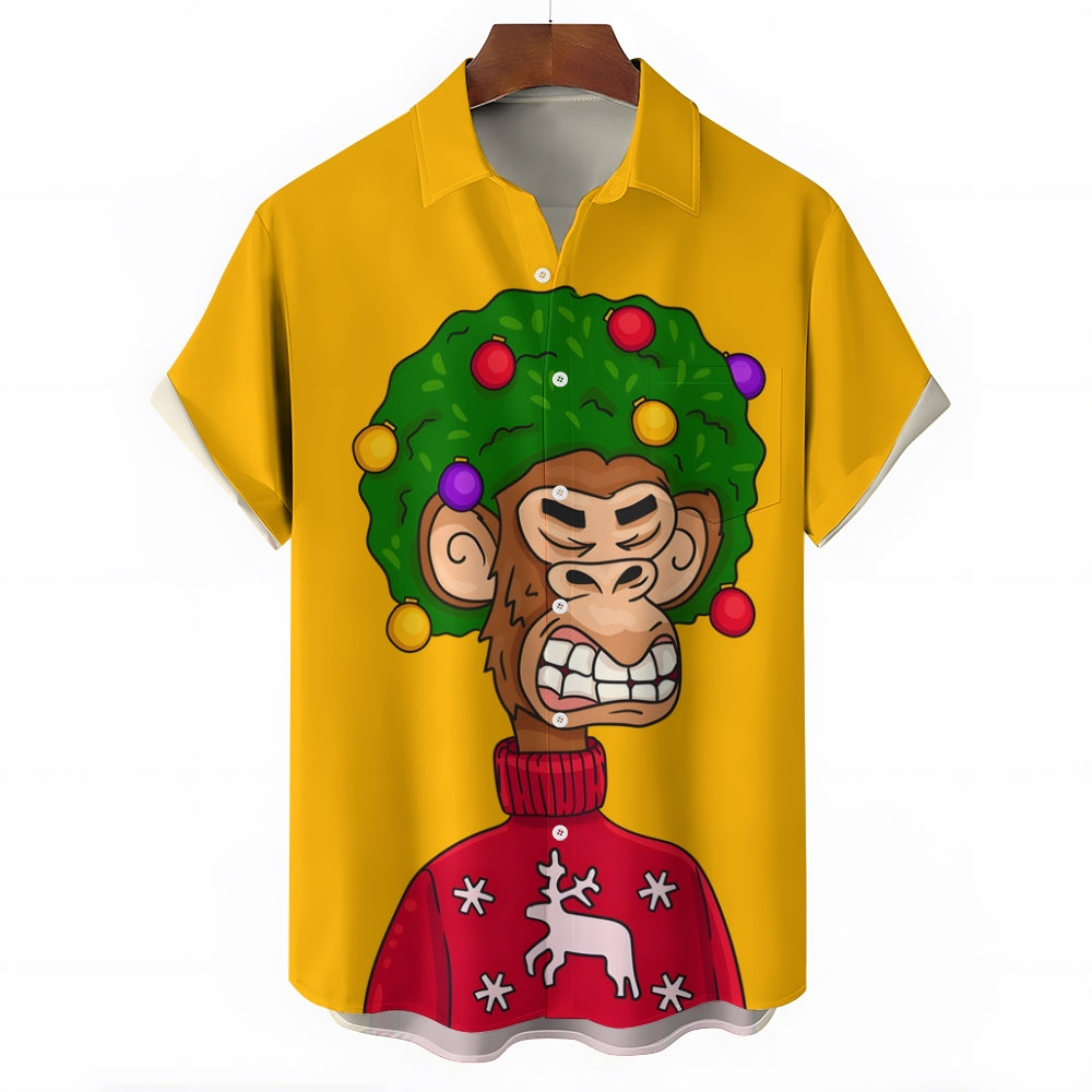 Christmas Monkey Print Chest Pocket Short Sleeve Shirt 2411006286