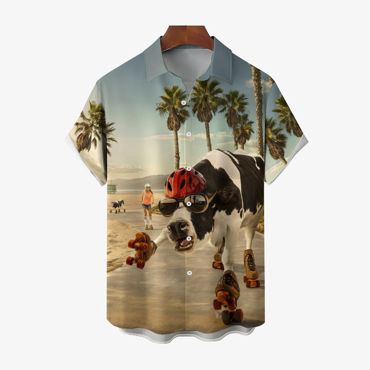 Men's Fun Roller Skating Cow Print Short Sleeve Shirt 2412009510