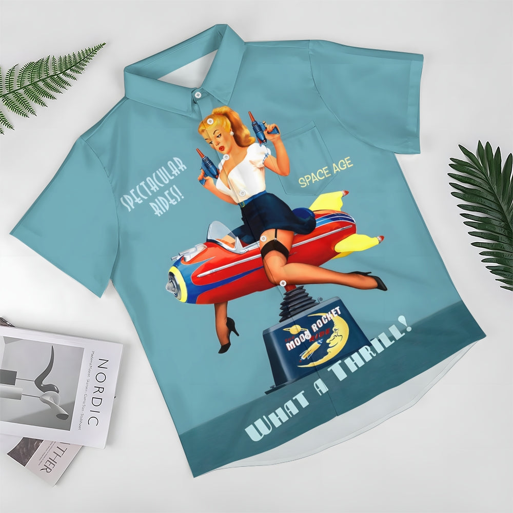 Retro Poster Rocket Sexy Girl Print Short Sleeve Shirt 2411008514