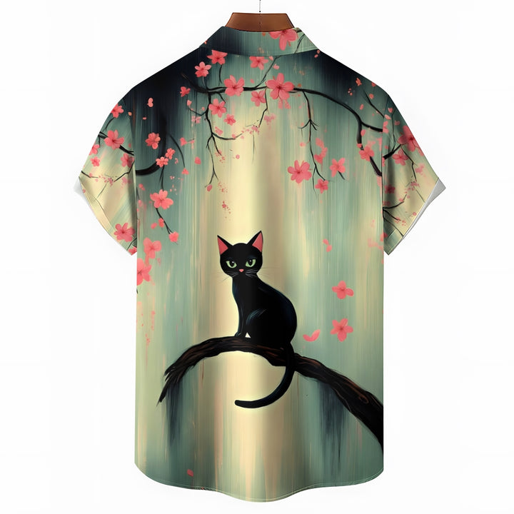 Cat Print Under The Cherry Blossom Tree Casual Shirt 2412008953