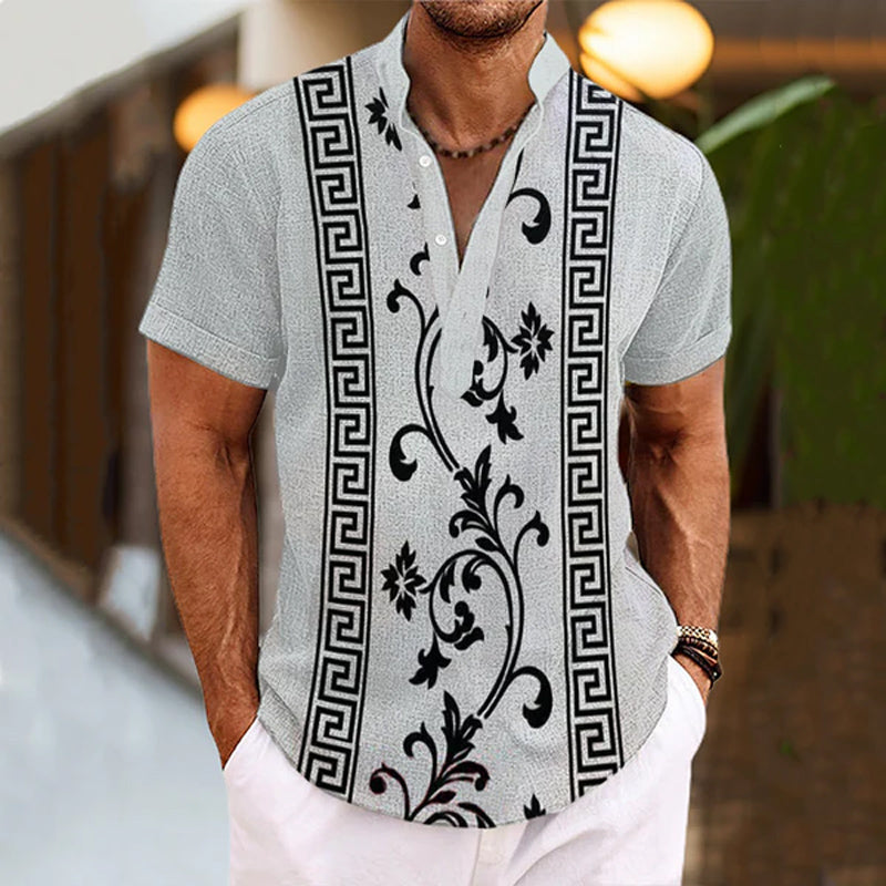 Men's Henley Collar Baroque Printed Short Sleeve Shirt