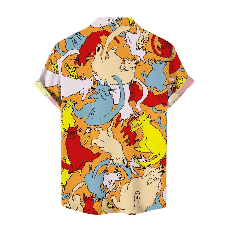 Men's Multicolor Cats Print Beach Short Sleeve Shirt