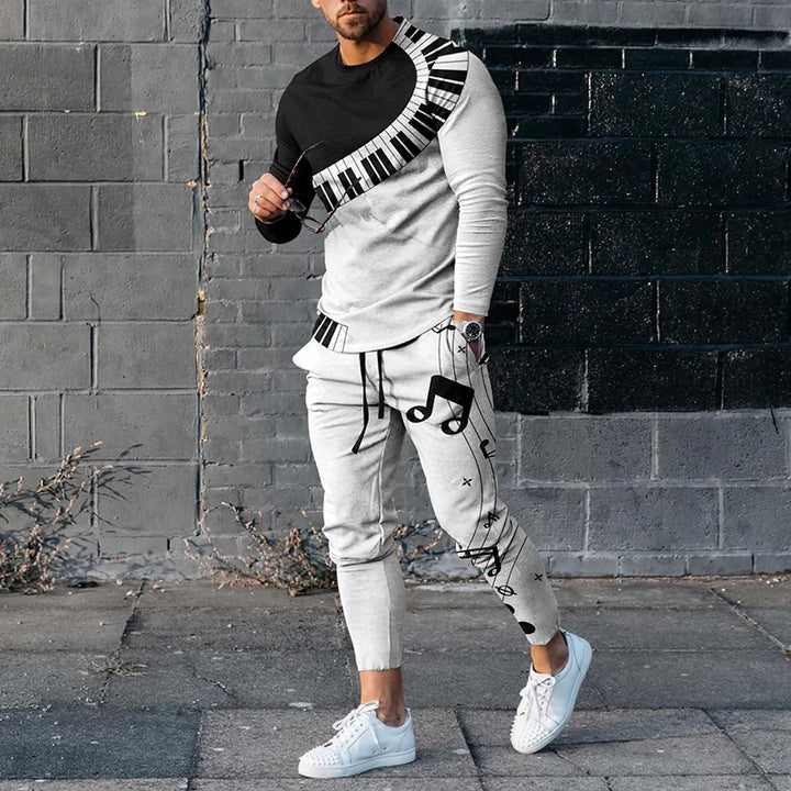 Men's Piano Note Print Long Sleeve T-Shirt And Pants Co-Ord