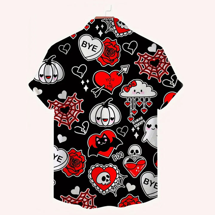 Men's Spider & Skull Print Casual Short Sleeve Shirt