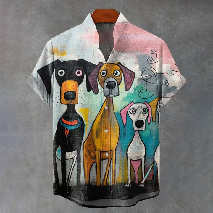 Vintage Multicolor Dog Art Print Casual Shirt