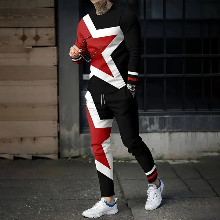 Men's Star Digital Print Crew Neck Tracksuit