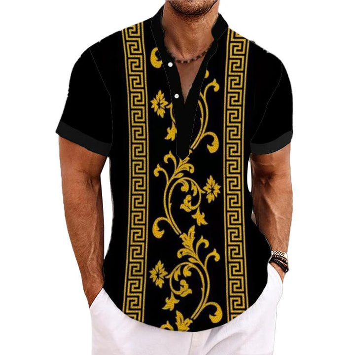 Men's Henley Collar Baroque Printed Short Sleeve Shirt