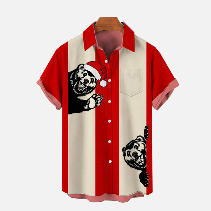 Greeting Bears Wearing Santa Hat Printing Short Sleeve Shirt