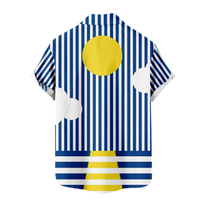 Men's Striped Sun and Sea Print Short Sleeve Shirt