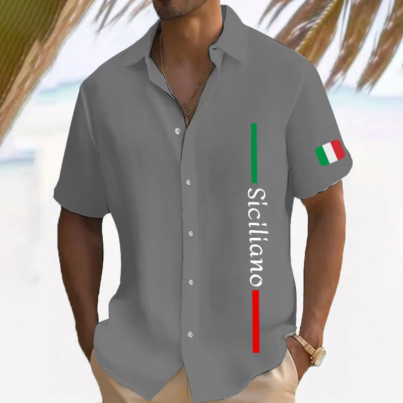 Men's Funny Italian Print Casual Short Sleeve Shirt