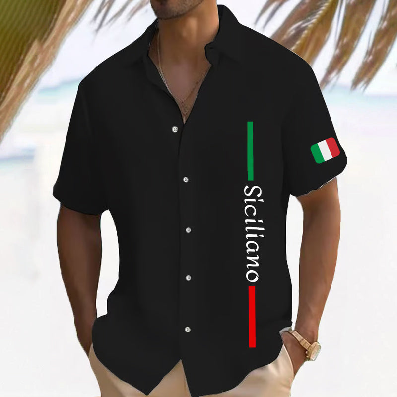 Men's Funny Italian Print Casual Short Sleeve Shirt