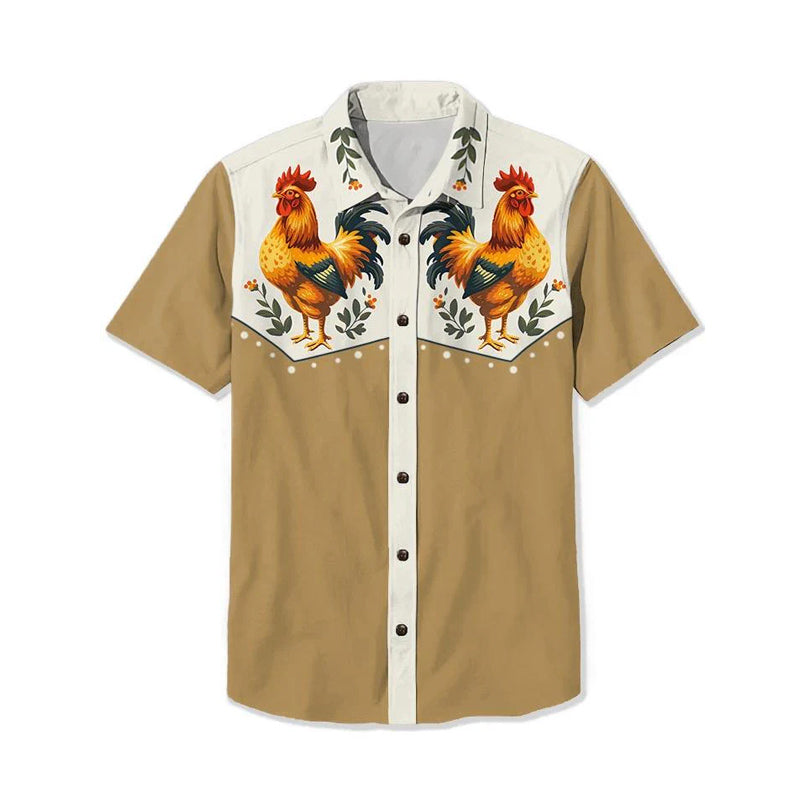 Vintage Chicken With Animal Print Casual Shirt 2406000641