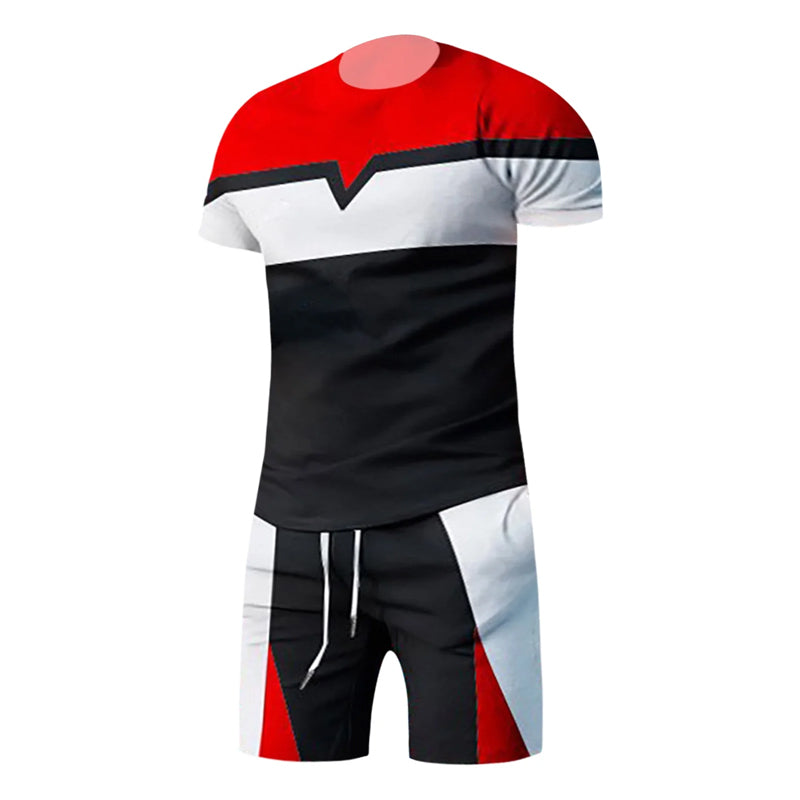 Men's contrast color geometric print short-sleeved T-shirt and shorts two-piece set