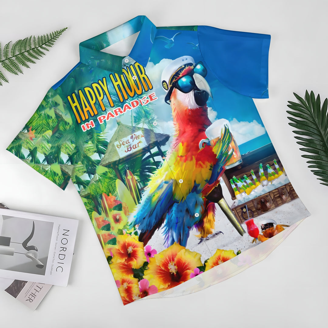 Men's Hawaiian Parrot Beer Print Casual Short Sleeve Shirt 2404001293