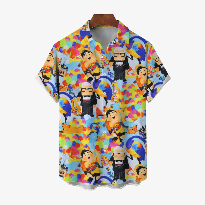 Cartoon Flying House Balloon Print Casual Short Sleeve Shirt 2408007172