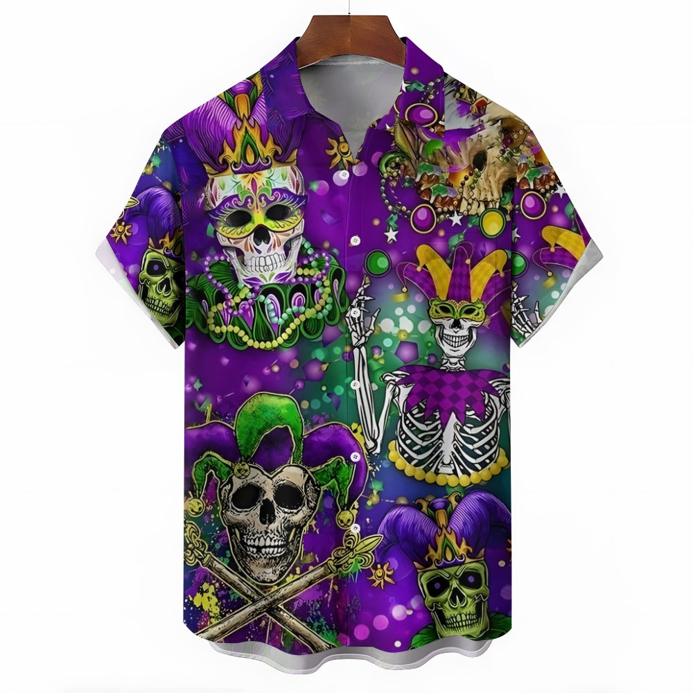 Mardi Gras Skull Art Print Casual Short Sleeve Shirt 2412005987