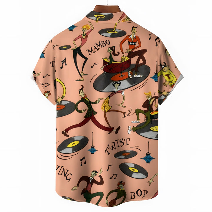 Music Vinyl Record Cartoon Linen Short-Sleeved Shirt 2409010076