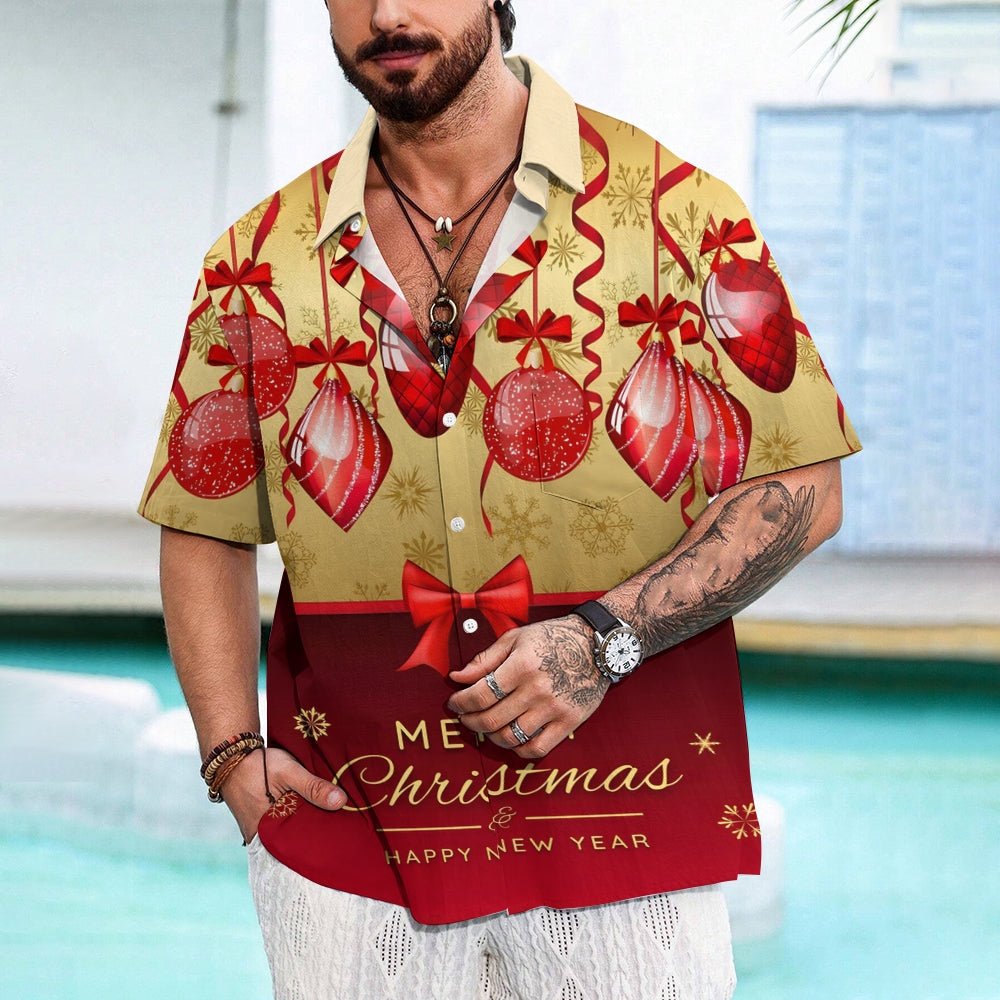 Merry Christmas Decorative Ribbons Print Short Sleeve Shirt 2412007989