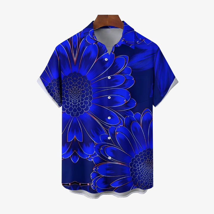 Men's Blue Daisy Print Casual Flower Short Sleeve Shirt 2412005891