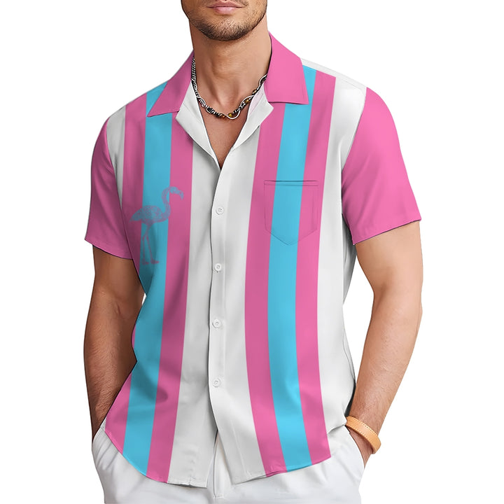 Flamingo Stripe Print Casual Bowling Shirt 2410005839