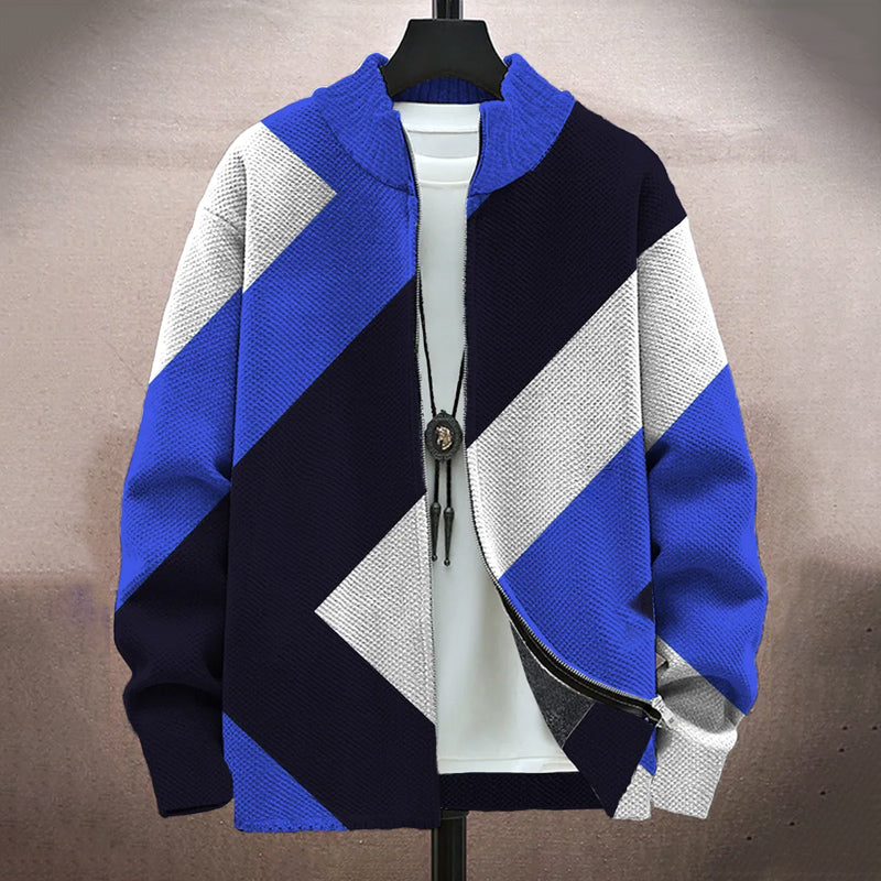 Men's Vintage Colorblock Print Long-Sleeved Zip Cardigan Jacket