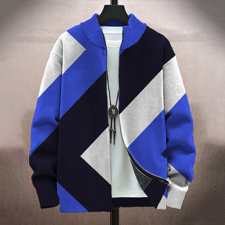 Men's Vintage Colorblock Print Long-Sleeved Zip Cardigan Jacket