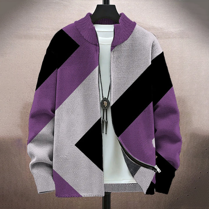 Men's Vintage Colorblock Print Long-Sleeved Zip Cardigan Jacket