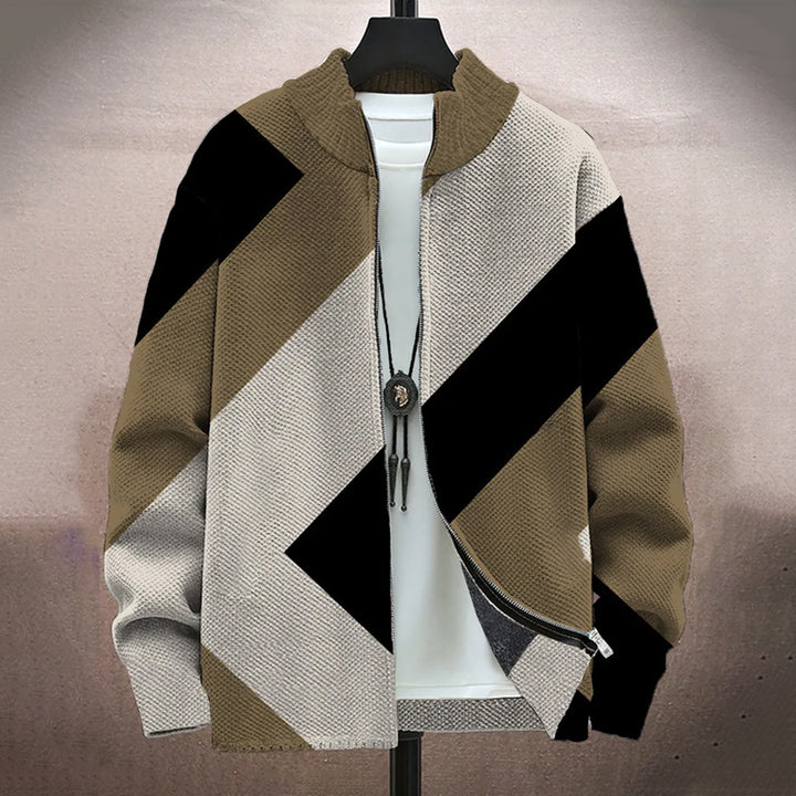 Men's Vintage Colorblock Print Long-Sleeved Zip Cardigan Jacket