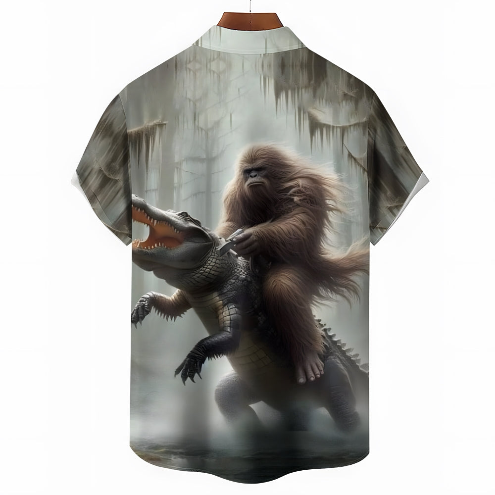 Bigfoot And Alligator Print Short Sleeve Shirt 2408002793