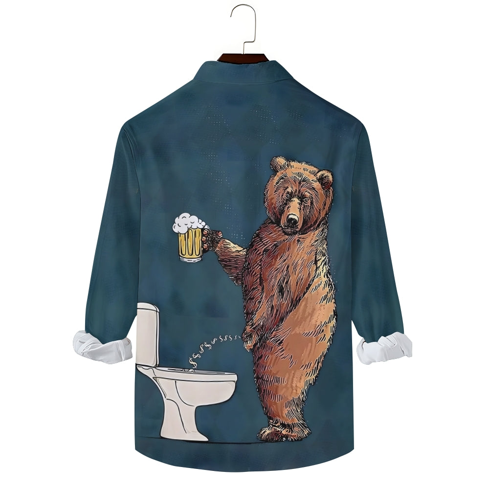 Fun Bear Beer Print Casual Long Sleeve Shirt