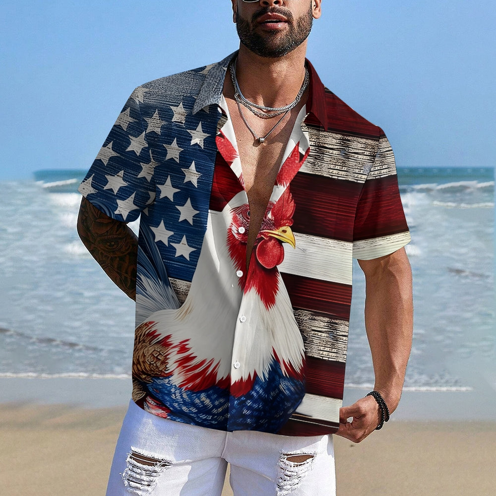 Rooster Flag Print Patriotic Casual Short Sleeve Shirt 2405002093