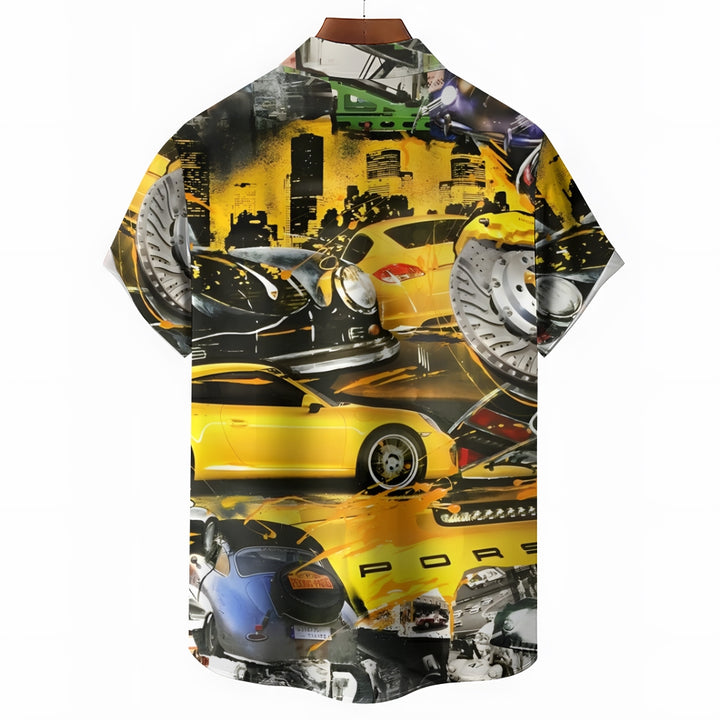 Classic Yellow Sports Car Printed Casual Oversized Short Sleeve Shirt 2407000790