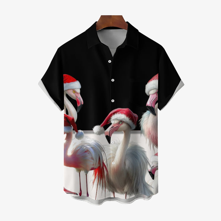 Christmas Flamingo Print Casual Short Sleeve Shirt 2411008517