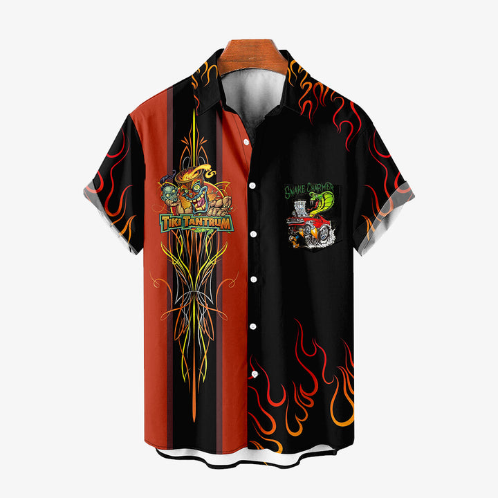 Men's Modified Car Flame Print Large Short Sleeve Shirt