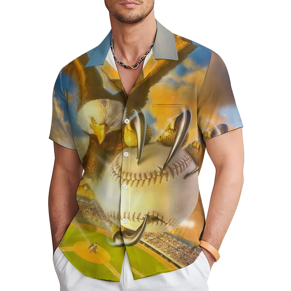 Eagle And Baseball Print Casual Short Sleeve Shirt 2412009563