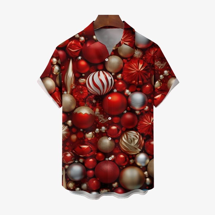 Christmas Decoration Ball Red Casual Short-Sleeved Shirt 2409006039