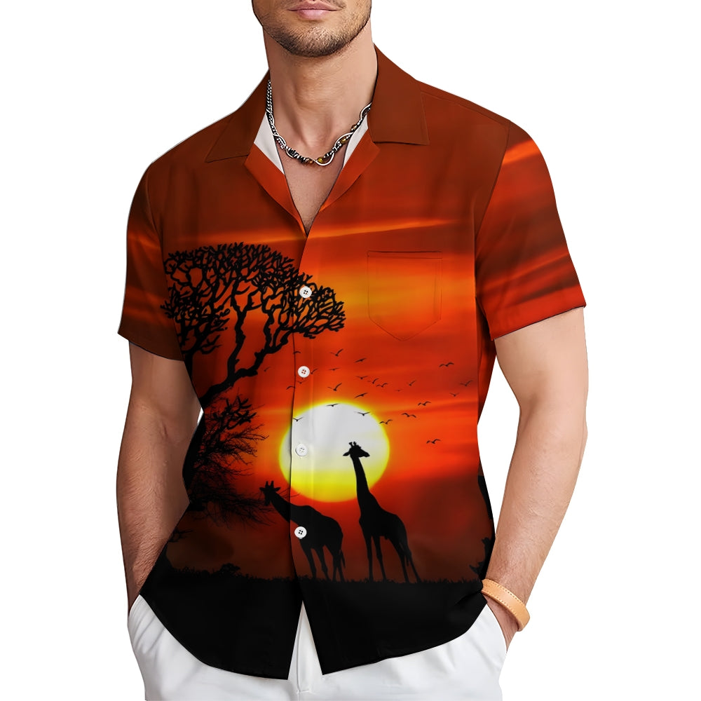 Grassland Giraffe Sunset Casual Large Size Short Sleeve Shirt 2406003217