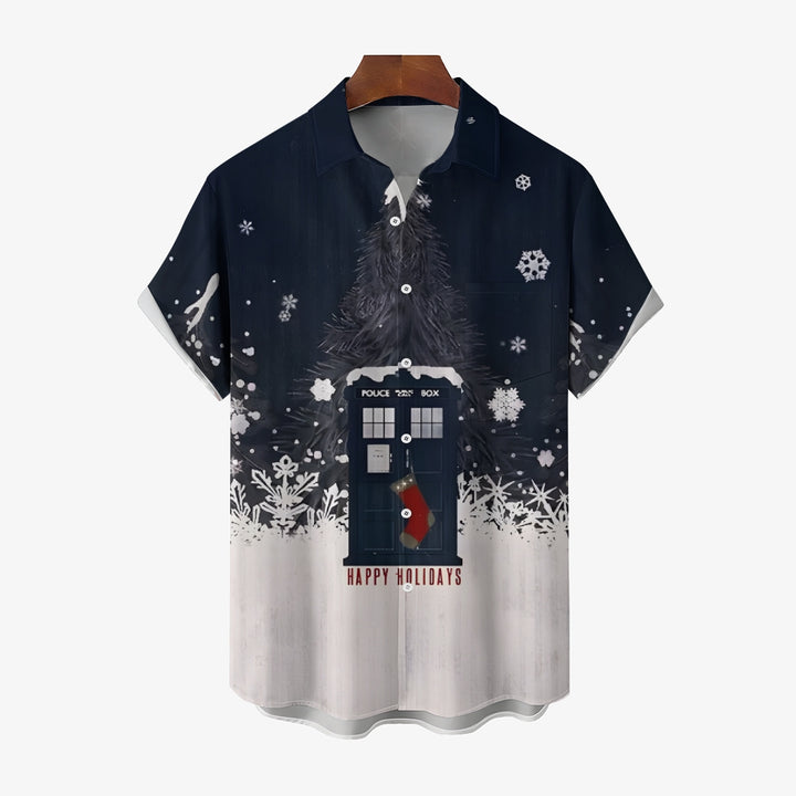 Christmas Phone Booth Casual Short Sleeve Shirt 2410006985