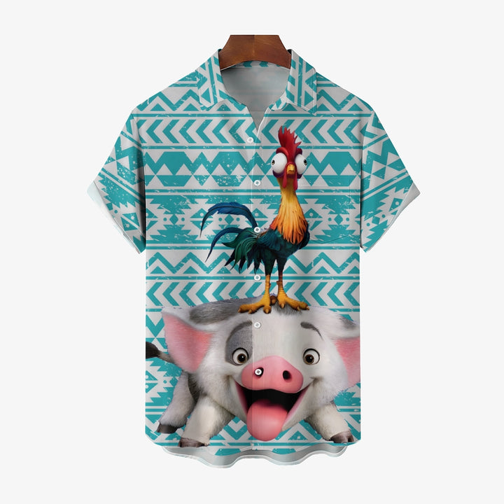 Men's Cartoon Rooster Riding A Pig Print Short Sleeve Shirt 2410002351