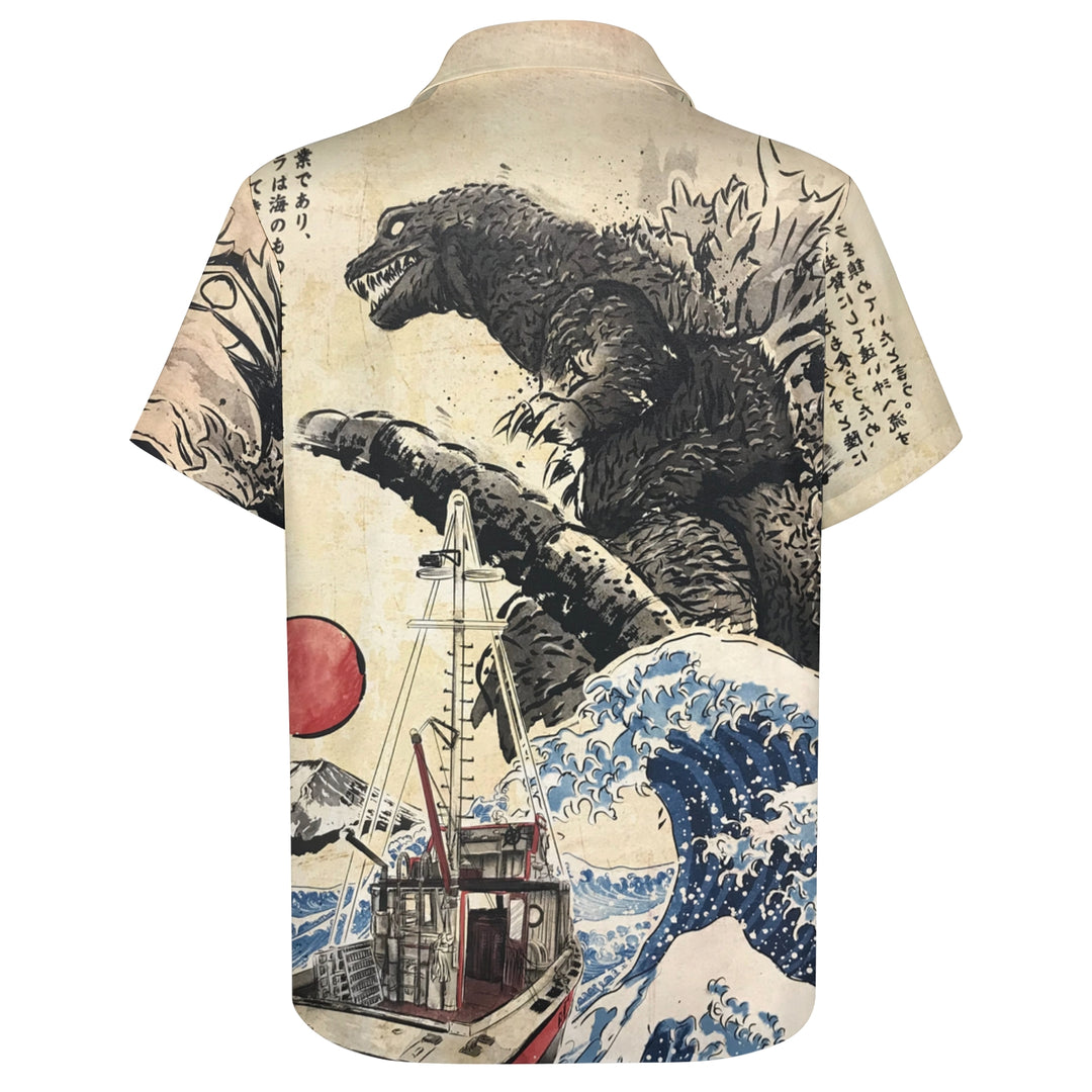 Ukiyo-e Monster Godzilla Casual Short Sleeve Shirt 2404001803