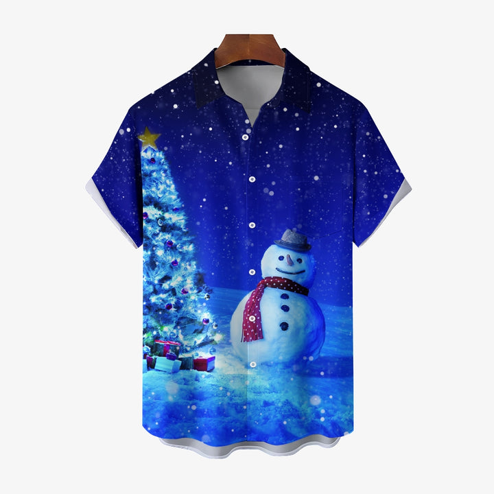 Christmas Snowman Chest Pocket Short Sleeve Shirt 2411005874