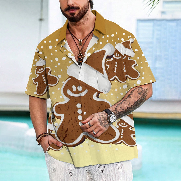 Christmas Snowflake Gingerbread Man Casual Short Sleeve Shirt 2409009539