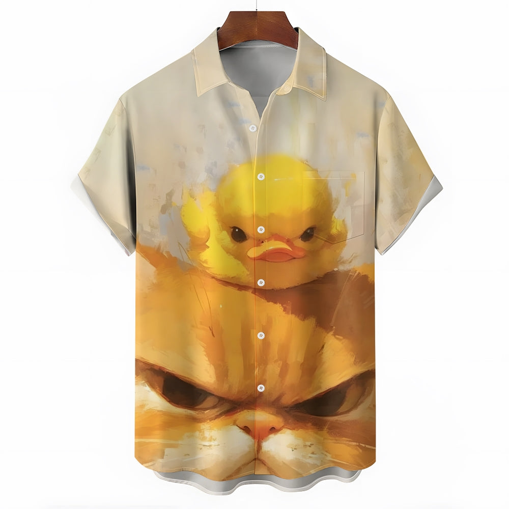 Angry Cat And Duck Print Casual Short Sleeve Shirt 2410005535