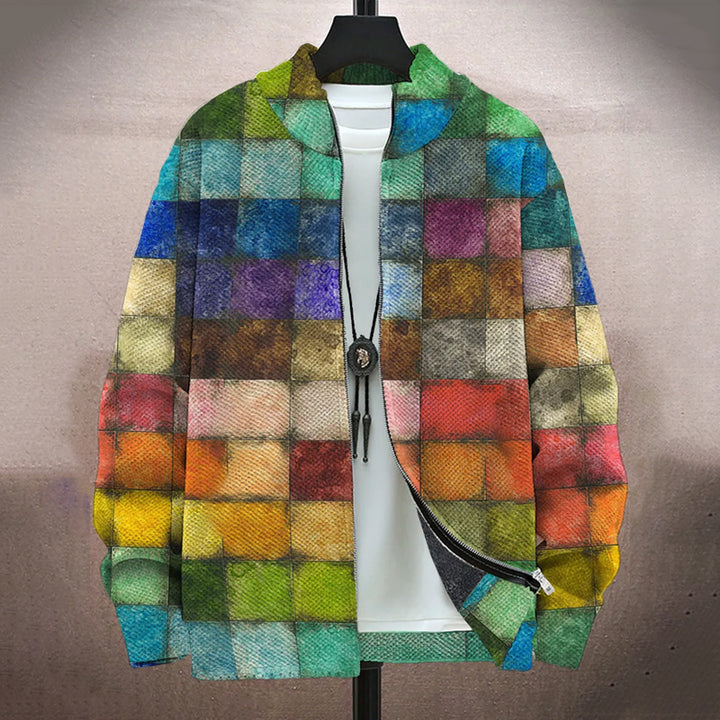 Men's Retro Colorful Plaid Print Long-Sleeved Zip Cardigan Jacket