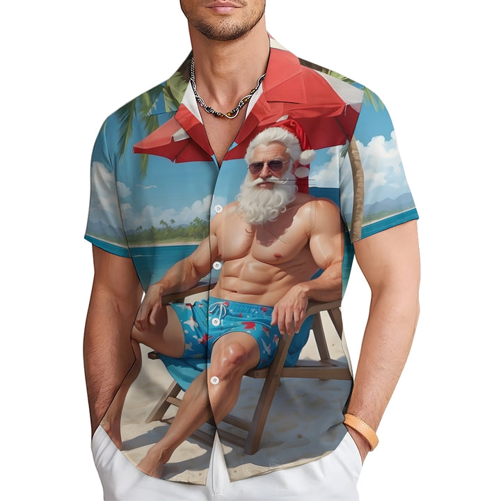 Christmas Santa Holiday Print Chest Pocket Short Sleeve Shirt 2411006346