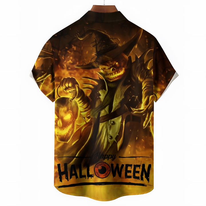 Halloween Demon Pumpkin Print Casual Short Sleeve Shirt 2408007757