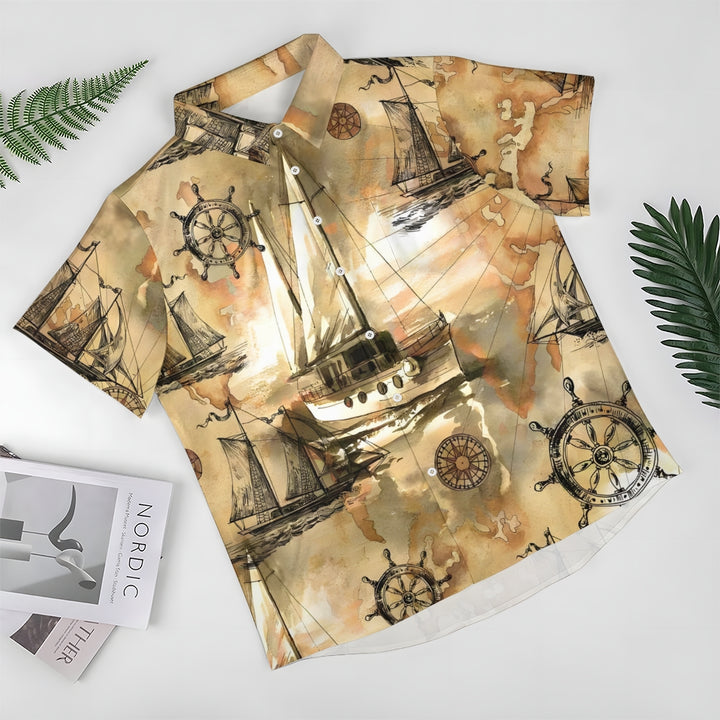 Nautical Sailboat Art Watercolor Print Casual Short Sleeve Shirt 2412004837