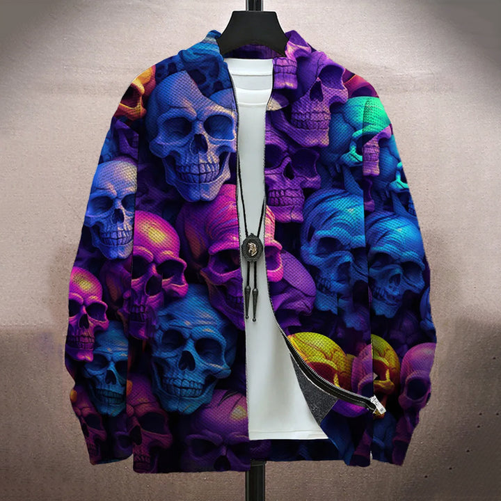 Men's Retro Colorful Skull Print Long-Sleeved Zip Cardigan Jacket